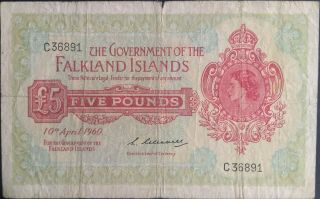 Falkland Island 5 Pounds 1975 P 9 Queen Elizabeth Qeii British Territory Scarce