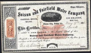 Suisun And Fairffield Water Co,  Suisun City,  Solano,  Co,  1886,  Rev.  Stamp Affix