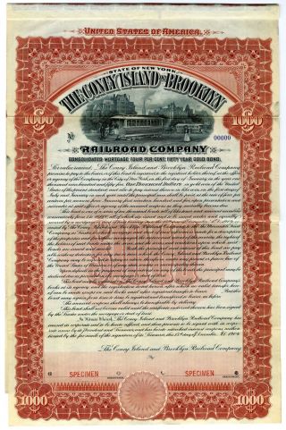 Ny.  Coney Island & Brooklyn Railroad Co.  1904 Specimen $1000 Gold Coupon Bond Abn