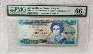 Nd (1985 - 93) East Caribbean States/antigua Pick 23a2 $10 Dollars " A " Pmg 66 Epq