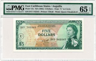 East Caribbean States - Anguilla - 5 Dollars 1965 P14o Pmg Gem Unc 65 Epq