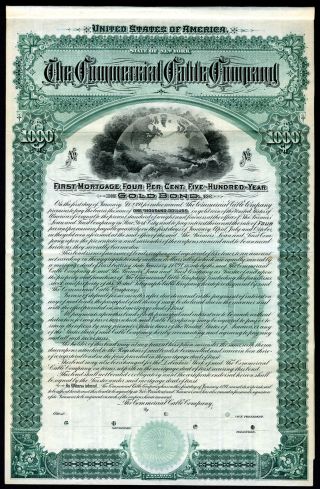Ny.  Commercial Cable Co. ,  1897 Specimen $1000 Gold Bond Vf Fbnc