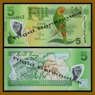 Fiji 5 Dollars,  2013 P - 115 Prefix - Zz Replacement Polymer Kulawai Parrot Unc