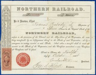 1866 Northern Railroad (of Nh) Stock Certificate – Gov.  Onslow Stearns