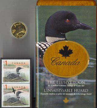 2004 Canada Elusive Loon $1 Coin And Stamp Set Rcm Wooden Box