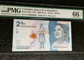 Pmg 66epq Almost Solid 6s Serial Number Banknote - Colombia Banco De La Republica