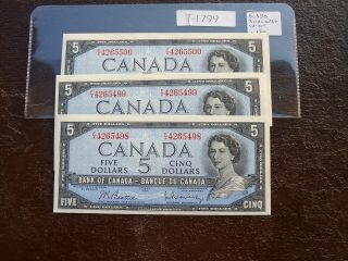 3x Banknote Canada 1954 5 Dollar Sequance Number Value 150.  00 T1799