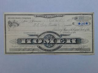 1879 Stock Certificate Homer Mill & Mining Company Mono County California