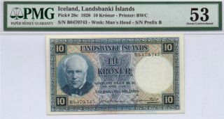 Iceland,  Landsbanki Islands 10 Kronur 1928 Pick 28c Pmg Au53