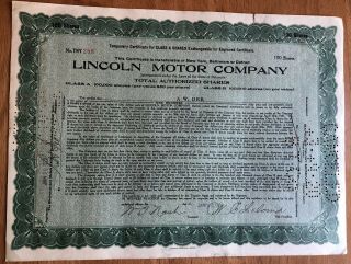 1920 Lincoln Motor Company Stock Certificate Signed By W.  T.  Nash And W.  C.  Leland