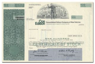 Consolidated Edison Company Stock Certificate (con Ed,  Ny Skyline Vignette)