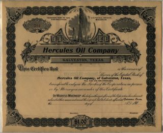 Hercules Oil Company Stock Certificate Galveston,  Texas
