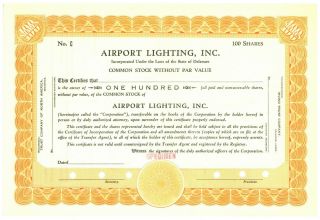 Airport Lighting,  Inc.  Specimen.  Stock Certificate