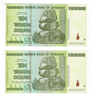 2 Consecutive 10 Trillion Dollar Zimbabwe Notes.  Unc