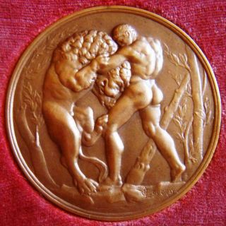 Art Nouveau Nude Hercules & Nemean Lion Wrestling Bronze Medal By C Loudray,  Box