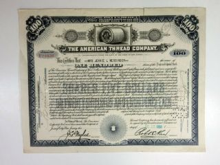 Nj.  American Thread Co. ,  1930 100 Shrs Preferred Stock I/c Certificate,  Vf