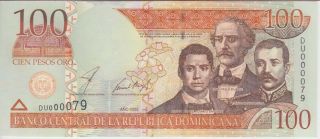 Dominican Republic Banknote P171c 100 Pesos 2002,  Very Low Serial Nbr,  Unc