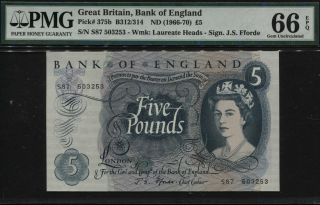 Tt Pk 375b Nd (1966 - 70) Great Britain 5 Pounds " Queen Elizabeth Ii " Pmg 66 Epq