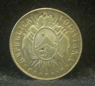 1877 Bolivia Silver 20 Centavos,  Decent Mid Grade,  Km - 159.  1 (bo2)