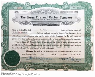Owen Tire & Rubber Company - 1920 Stock Certificate Plus B&w Photographs