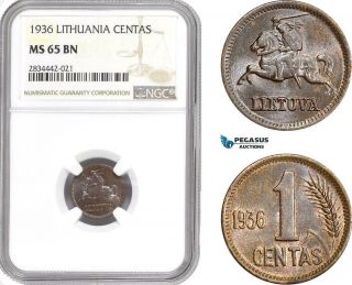 Ad888,  Lithuania,  1 Centas 1936,  Ngc Ms65bn