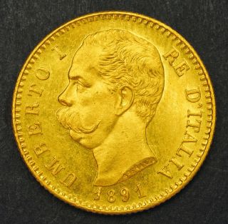 1891,  Kingdom Of Italy,  Umberto I.  Gold 20 Lire Coin.  (unc) 6.  44gm