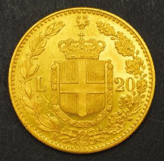 1891,  Kingdom of Italy,  Umberto I.  Gold 20 Lire Coin.  (UNC) 6.  44gm 2
