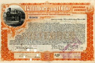 Baltimore & Ohio Railroad Company 1900s Asst Shares Preferred Stock Certificate