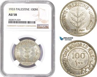 Ad033 - R,  Palestine,  100 Mils 1933,  London,  Silver,  Ngc Au58