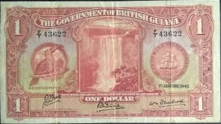 British Guiana $1 One Dollar P 12 King George Kgvi 1942 Ww2 Guyana Crisp Gvf,