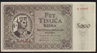 1943 Croatia 5000 Kuna Wwii Ndh Money Banknote German Nazi Occupation P 14 Aunc