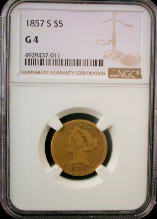 1857 - S $5 Liberty Gold Coin Ngc G04 (. 2419 Agw) - - Lowball