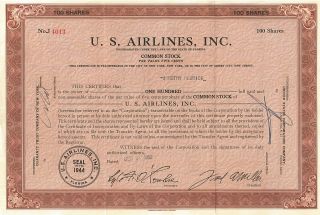 U.  S.  Airlines Stock Certificate 1952 Florida