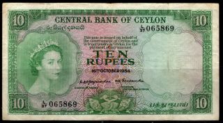 Ceylon (sri Lanka) :p - 55,  10 Rupees 1954 Queen Elizabeth Ii Vf,