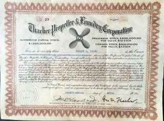 Thacher Propeller & Foundry Corporation Stock 1921.  Unusual Company Scarce Stock
