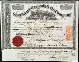 Sherman & Barnsdall Oil Company Stock 1865.  Titusville,  Pa Oil Field.  Very Fine,