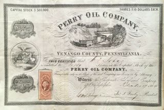 Perry Oil Company Venango County Pennsylvania Stock 1864 Very Attractive Cert Vf