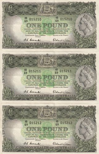 Australia 1 Pound Consecutive Banknote Trio 1953 - 60 P.  30a Almost Extremely Fine
