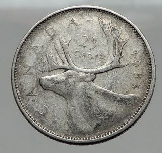 1954 Canada United Kingdom Queen Elizabeth Ii Silver 25 Cent Coin Caribou I63004