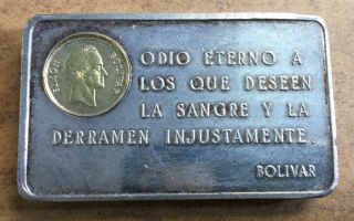 Venezuelan Simon Bolivar 100 Grams Silver Bar With 1/20th Oz.  900 Gold Inlay