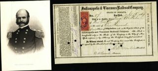 Indianapolis & Vincennes Rr Co,  1869,  Signed By Civil War General A.  F.  Burnside