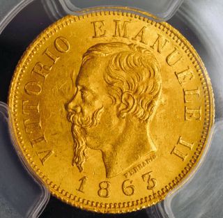 1863,  Kingdom Of Italy,  Victor Emmanuel Ii.  Gold 10 Lire Coin.  Pcgs Ms - 63