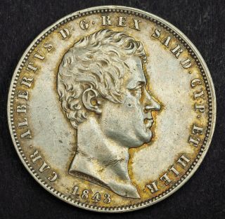 1843,  Kingdom Of Sardinia,  Charles Albert I.  Large Silver 5 Lire Coin.  Xf - Au