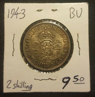 1943 George Vi Silver Coin 2 Two Shillings Uk Great Britain Bu Km 855