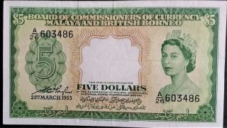 Malaya British North Borneo:$5 Dollars P 2 1953 Queen Elizabeth Qeii Crisp Ef