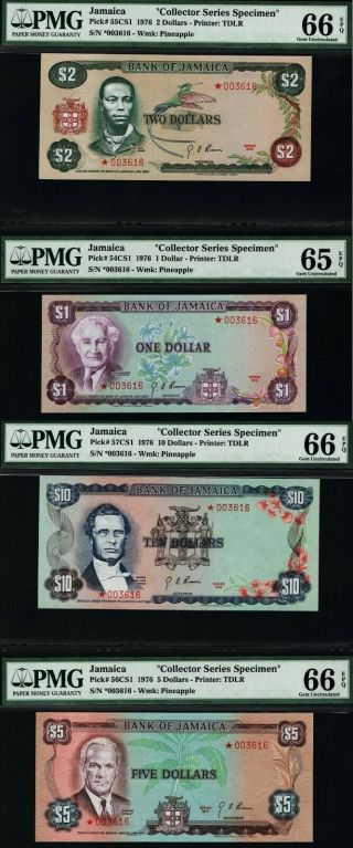 Tt Pk 54 - 57cs1 1976 Jamaica $1,  $2,  $5,  $10 Pmg 66q Collector Serie Seq Set W/ Book
