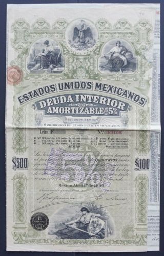 Mexico - Estadas Unidos Mexicanos 1896 - 500 Dollar Letter F - With Coupons