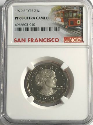 1979 S Ngc Pf68 Ultra Cameo Susan Anthony Type 2 $1 Trolley Label