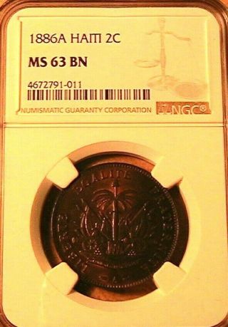 1886 Haiti 2 Cents Ngc Ms 63 Bn Choice Big Copper French Haitian Colonial Coin