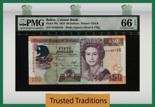 Tt Pk 70d 2010 Belize Central Bank 50 Dollars " Queen Elizabeth Ii " Pmg 66 Epq